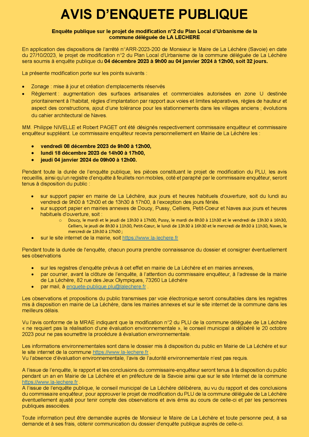 Avis d’enquête public – Modification n°2 du PLU de La Léchère (commune déléguée)