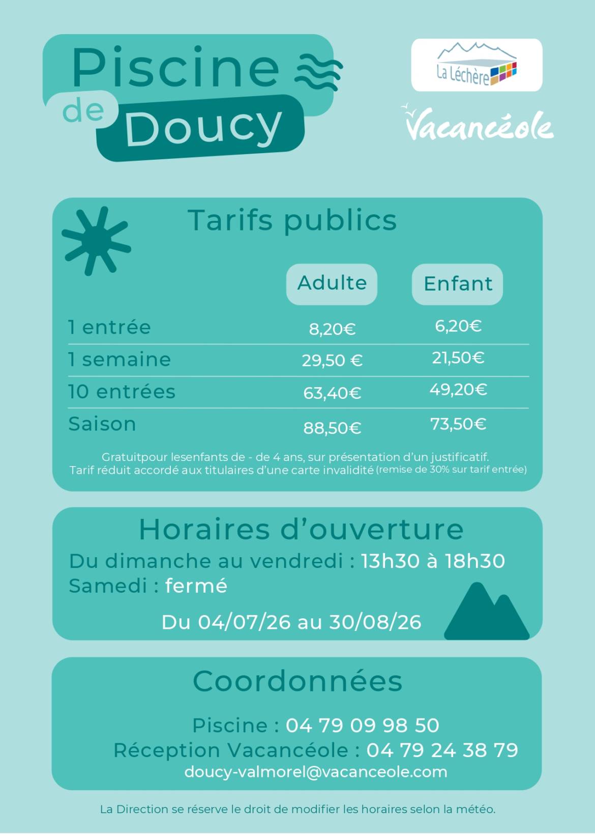 [Doucy] Horaires et tarifs de la piscine